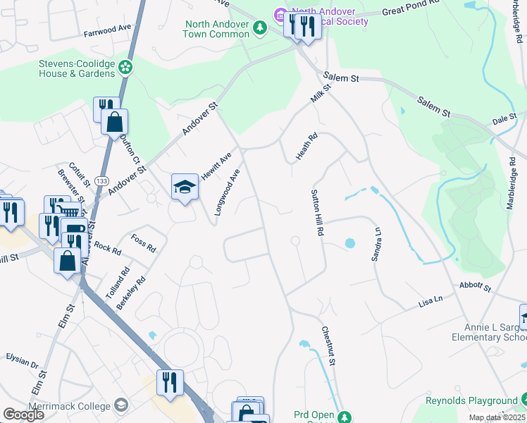 map of restaurants, bars, coffee shops, grocery stores, and more near 155 Chestnut Street in North Andover