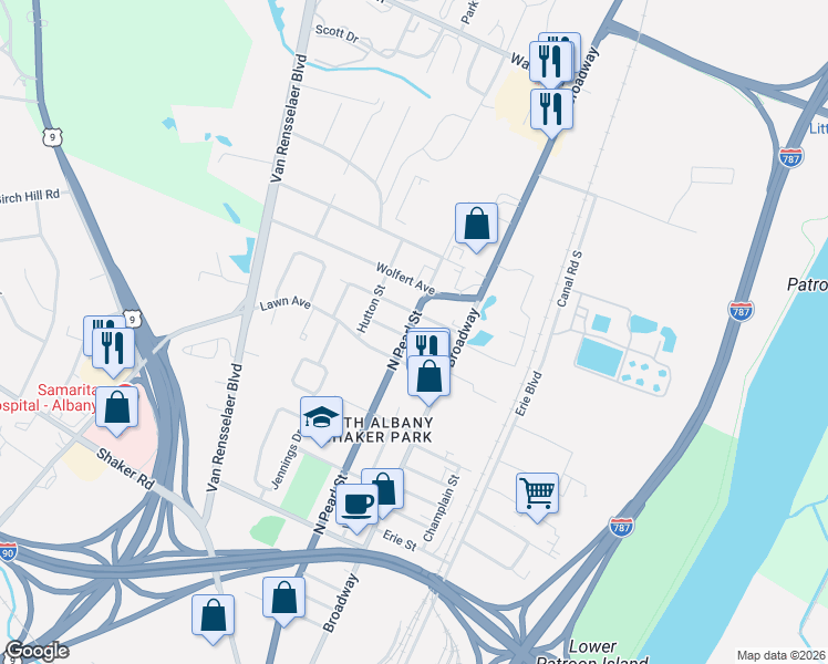 map of restaurants, bars, coffee shops, grocery stores, and more near 19 Bonheim Street in Albany