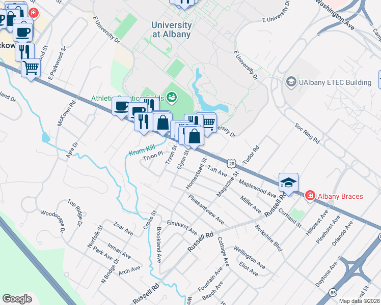 map of restaurants, bars, coffee shops, grocery stores, and more near 1178 Western Avenue in Albany