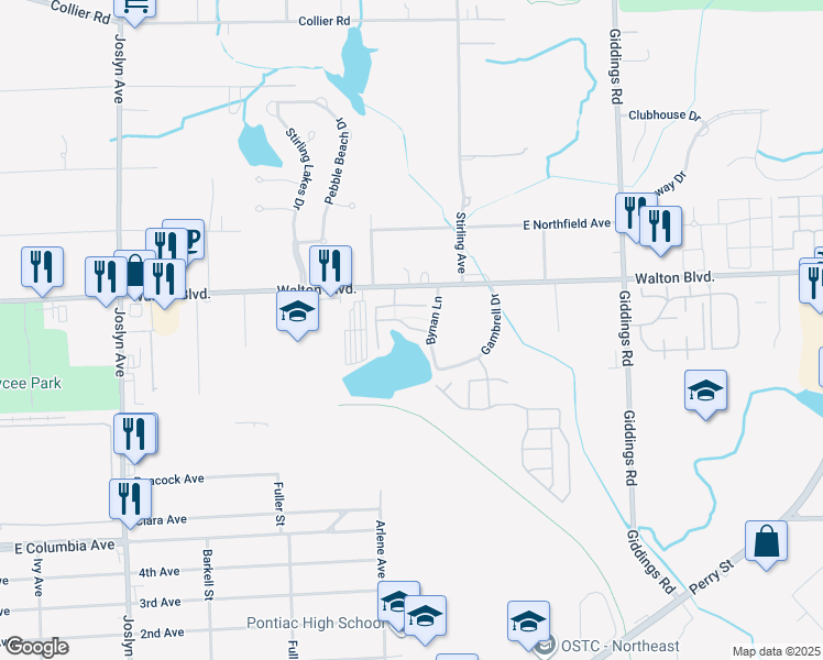 map of restaurants, bars, coffee shops, grocery stores, and more near 856 Amanda Lane in Pontiac