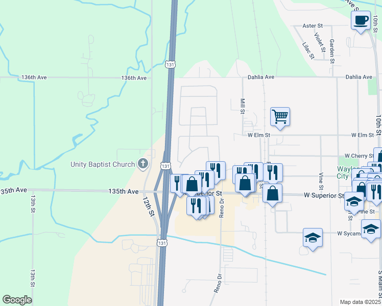 map of restaurants, bars, coffee shops, grocery stores, and more near 1160 Calgary Lane in Wayland