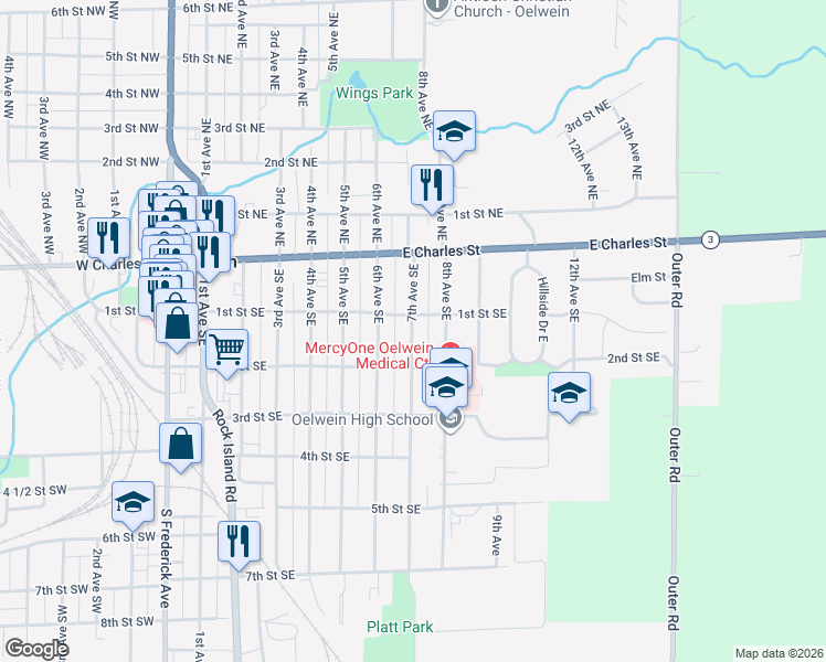 map of restaurants, bars, coffee shops, grocery stores, and more near 101 7th Avenue Southeast in Oelwein