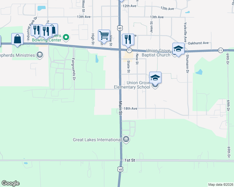 map of restaurants, bars, coffee shops, grocery stores, and more near 1789 Main Street in Union Grove