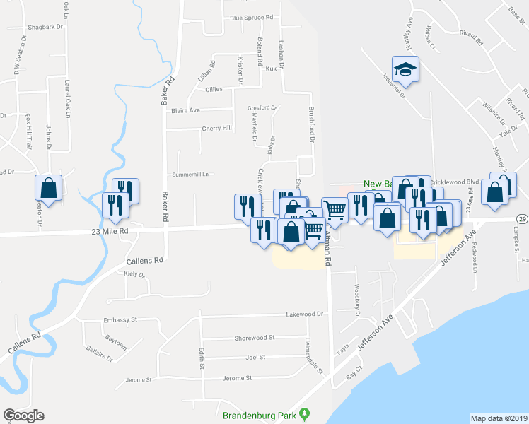 map of restaurants, bars, coffee shops, grocery stores, and more near 34685 Cricklewood Boulevard in New Baltimore