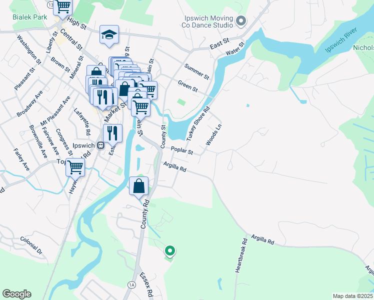 map of restaurants, bars, coffee shops, grocery stores, and more near 1 Turkey Shore Road in Ipswich