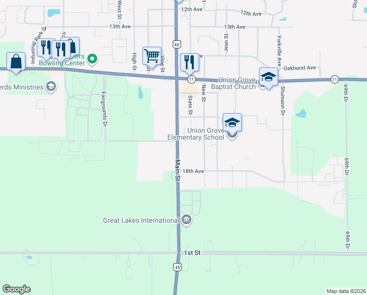 map of restaurants, bars, coffee shops, grocery stores, and more near 1789 Main St in Union Grove