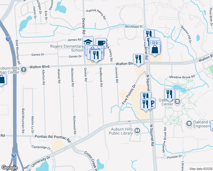 map of restaurants, bars, coffee shops, grocery stores, and more near 2384 Snellbrook Rd in Auburn Hills