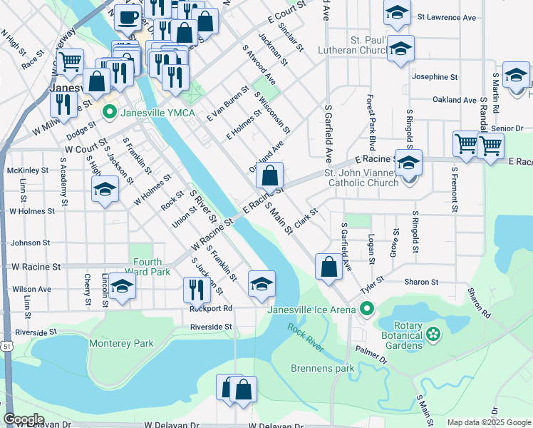 map of restaurants, bars, coffee shops, grocery stores, and more near 532 South Main Street in Janesville
