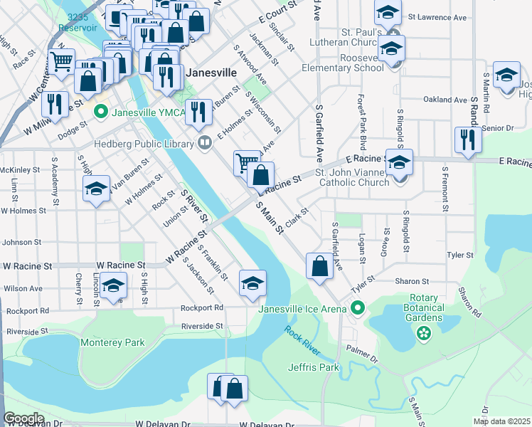 map of restaurants, bars, coffee shops, grocery stores, and more near 538 South Main Street in Janesville