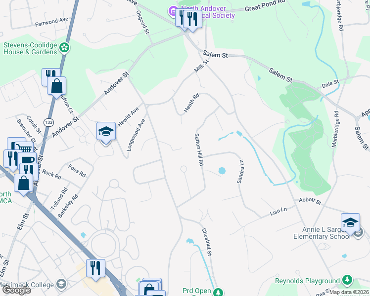 map of restaurants, bars, coffee shops, grocery stores, and more near 172 Chestnut Street in North Andover