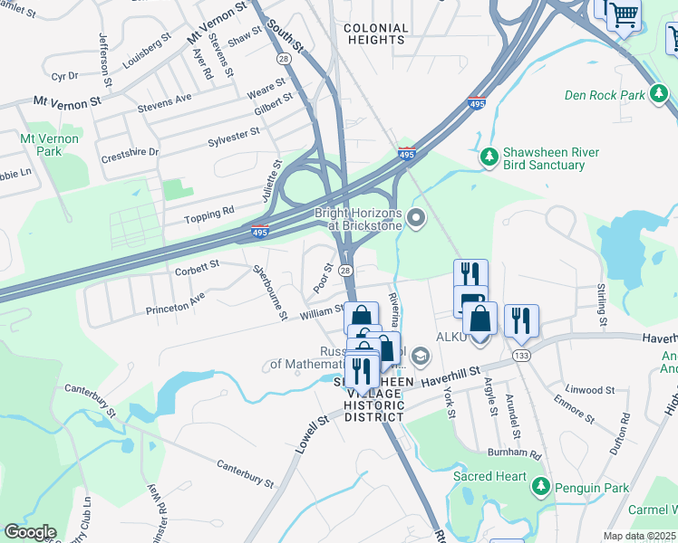 map of restaurants, bars, coffee shops, grocery stores, and more near 392 North Main Street in Andover
