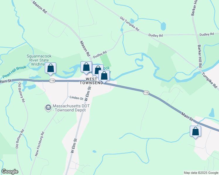 map of restaurants, bars, coffee shops, grocery stores, and more near 418 Main Street in Townsend