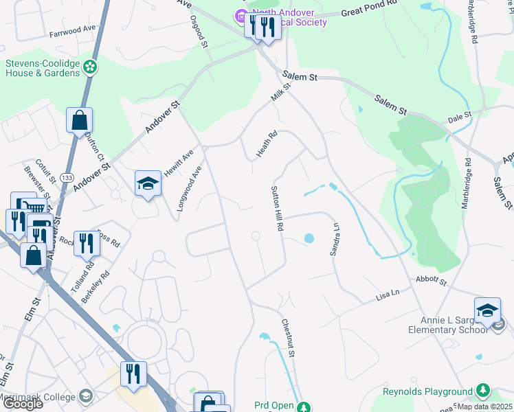 map of restaurants, bars, coffee shops, grocery stores, and more near 172 Chestnut Street in North Andover