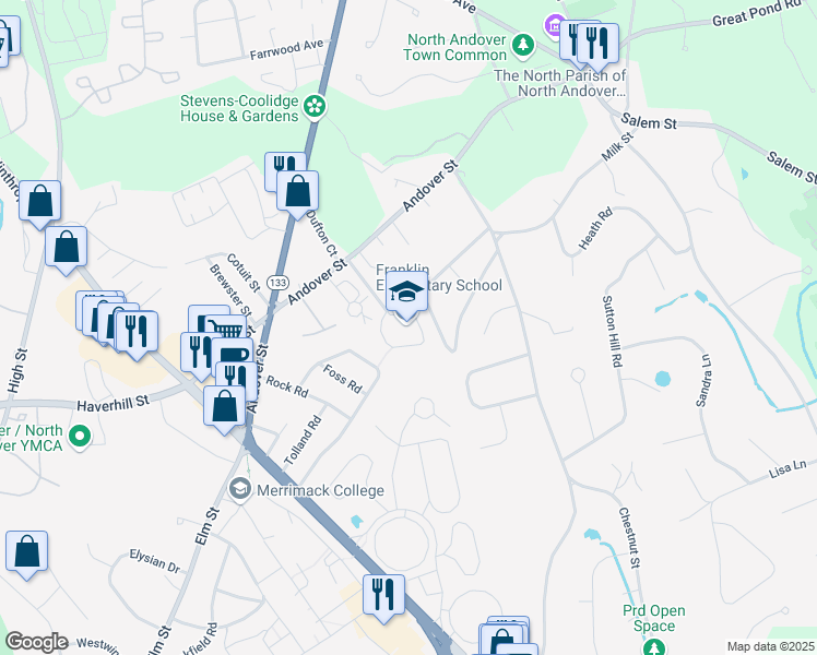 map of restaurants, bars, coffee shops, grocery stores, and more near 2 Cypress Terrace in North Andover