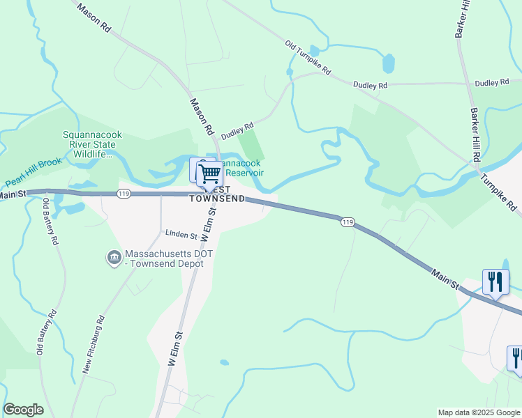 map of restaurants, bars, coffee shops, grocery stores, and more near 418 Main Street in Townsend