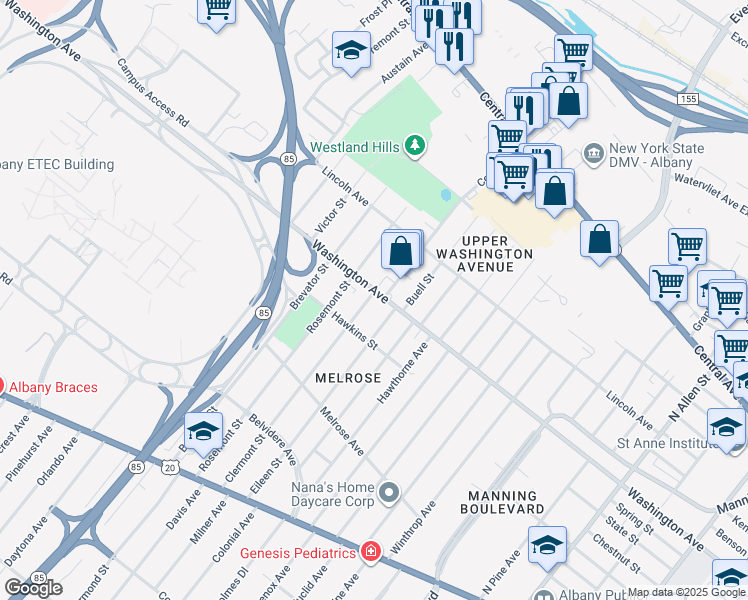 map of restaurants, bars, coffee shops, grocery stores, and more near 136 Clermont Street in Albany
