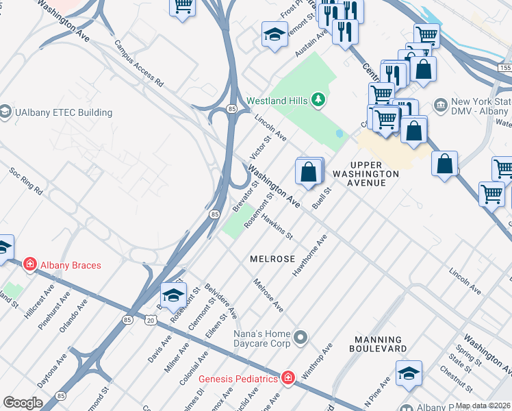 map of restaurants, bars, coffee shops, grocery stores, and more near 126 Rosemont Street in Albany