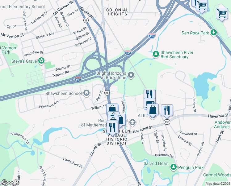 map of restaurants, bars, coffee shops, grocery stores, and more near 1 Union Street in Andover