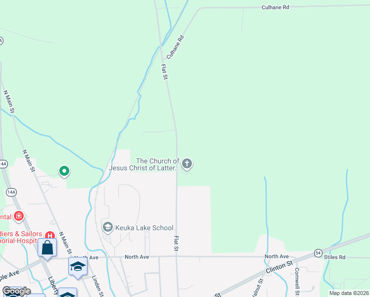 map of restaurants, bars, coffee shops, grocery stores, and more near 1825 Flat Street in Penn Yan