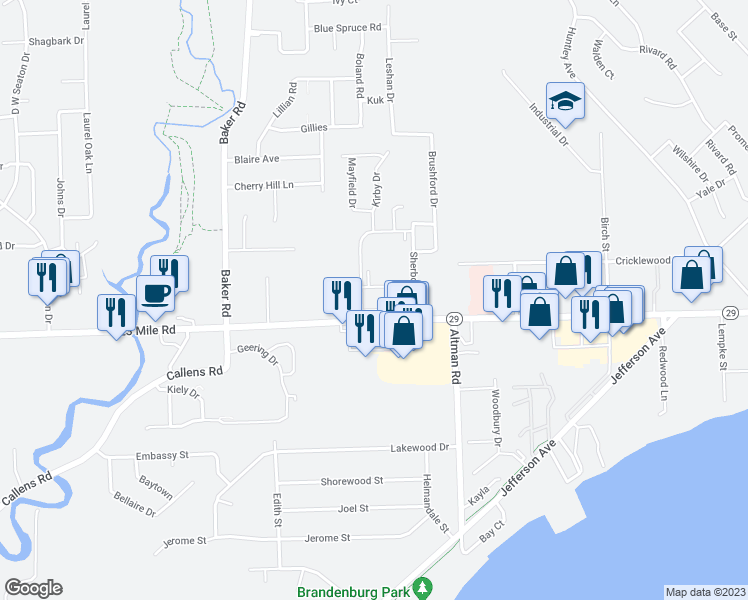 map of restaurants, bars, coffee shops, grocery stores, and more near 34729 East Wilma Court in New Baltimore