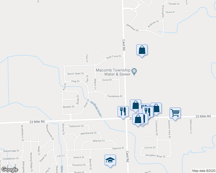 map of restaurants, bars, coffee shops, grocery stores, and more near 51415 Royal Links Court in Macomb