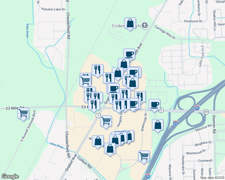 map of restaurants, bars, coffee shops, grocery stores, and more near 51307 Gratiot Avenue in Chesterfield