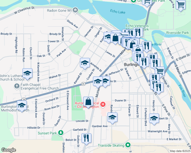 map of restaurants, bars, coffee shops, grocery stores, and more near 217 Milwaukee Avenue in Burlington