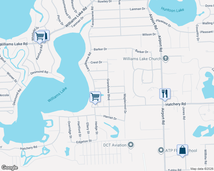 map of restaurants, bars, coffee shops, grocery stores, and more near 6400 Elmwood Drive in Waterford Township