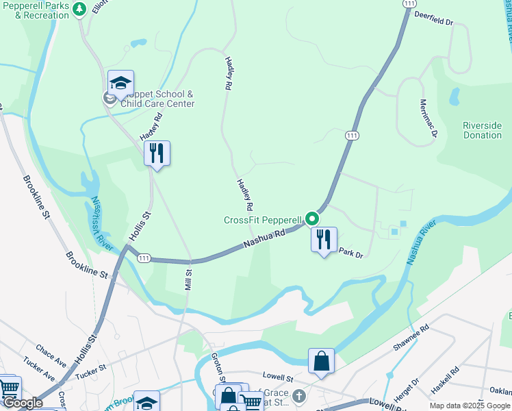 map of restaurants, bars, coffee shops, grocery stores, and more near 5 Hadley Road in Pepperell