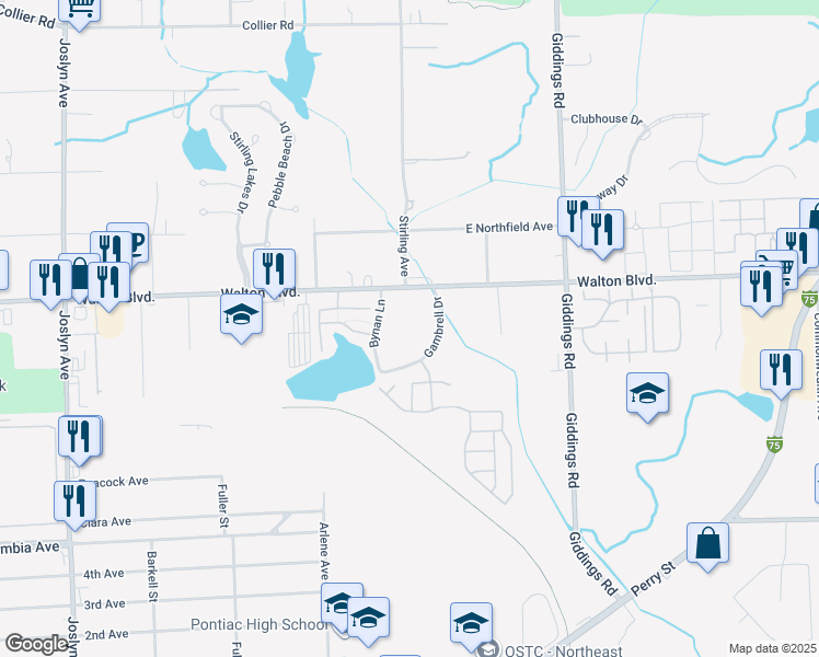 map of restaurants, bars, coffee shops, grocery stores, and more near 860 East Walton Boulevard in Pontiac