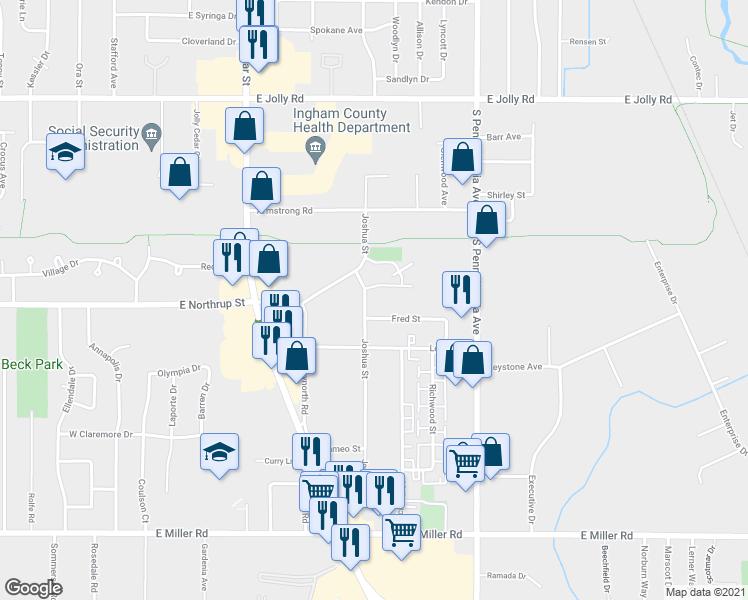 map of restaurants, bars, coffee shops, grocery stores, and more near 5531 Joshua Street in Lansing