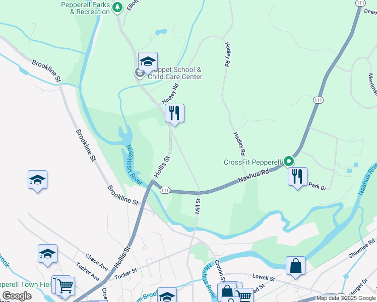map of restaurants, bars, coffee shops, grocery stores, and more near 73 Mill Street in Pepperell