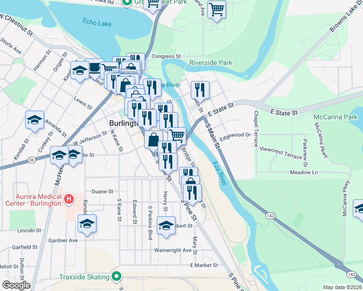 map of restaurants, bars, coffee shops, grocery stores, and more near 156 South Pine Street in Burlington