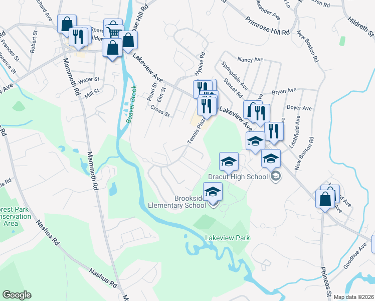 map of restaurants, bars, coffee shops, grocery stores, and more near 74 Tennis Plaza Road in Dracut