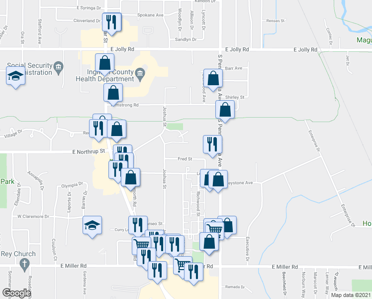 map of restaurants, bars, coffee shops, grocery stores, and more near 5527 Joshua Street in Lansing