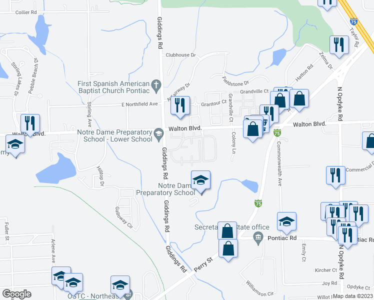 map of restaurants, bars, coffee shops, grocery stores, and more near 45 Wedgewoode Lane in Pontiac