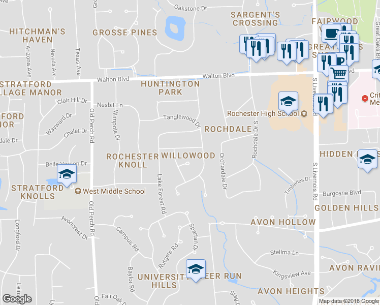 map of restaurants, bars, coffee shops, grocery stores, and more near 1631 Sumac Drive in Rochester Hills