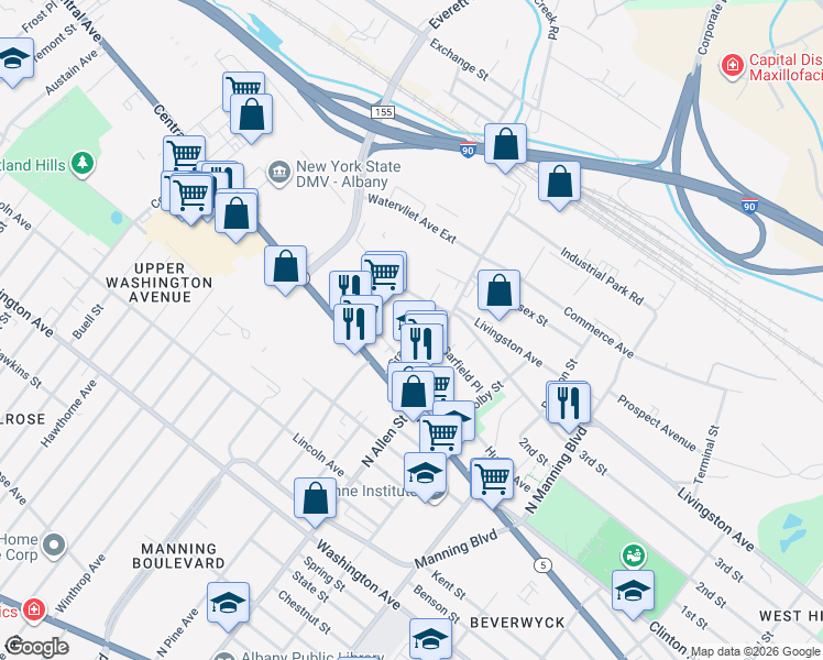 map of restaurants, bars, coffee shops, grocery stores, and more near 55 Grant Avenue in Albany