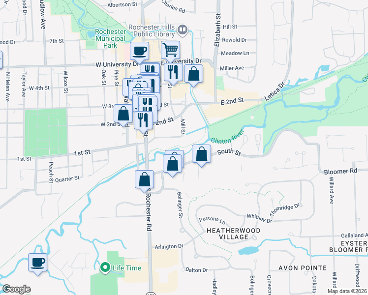 map of restaurants, bars, coffee shops, grocery stores, and more near Clinton River Trail in Rochester