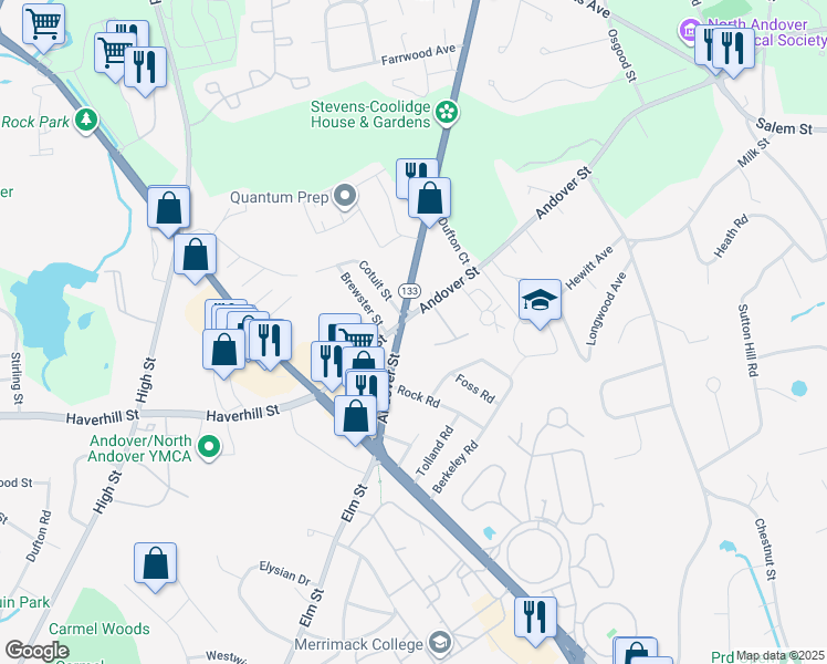 map of restaurants, bars, coffee shops, grocery stores, and more near 9 Chatham Circle in North Andover