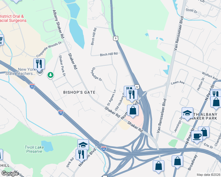 map of restaurants, bars, coffee shops, grocery stores, and more near 36 Greyledge Drive in Albany