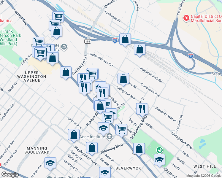 map of restaurants, bars, coffee shops, grocery stores, and more near 45 Watervliet Avenue in Albany
