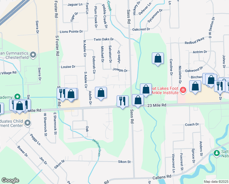 map of restaurants, bars, coffee shops, grocery stores, and more near 31852 Breezeway Drive in New Baltimore
