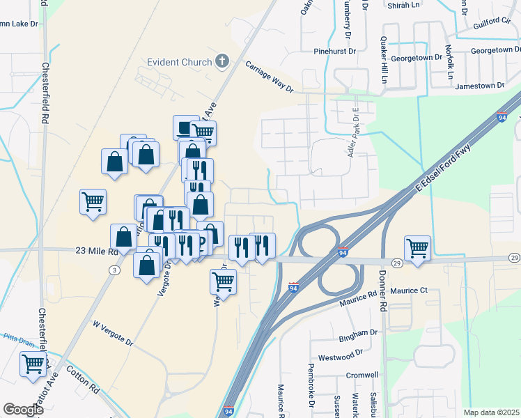 map of restaurants, bars, coffee shops, grocery stores, and more near 28189 Raleigh Crescent Drive in New Baltimore