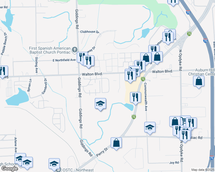 map of restaurants, bars, coffee shops, grocery stores, and more near 32 Greenwoode Lane in Pontiac