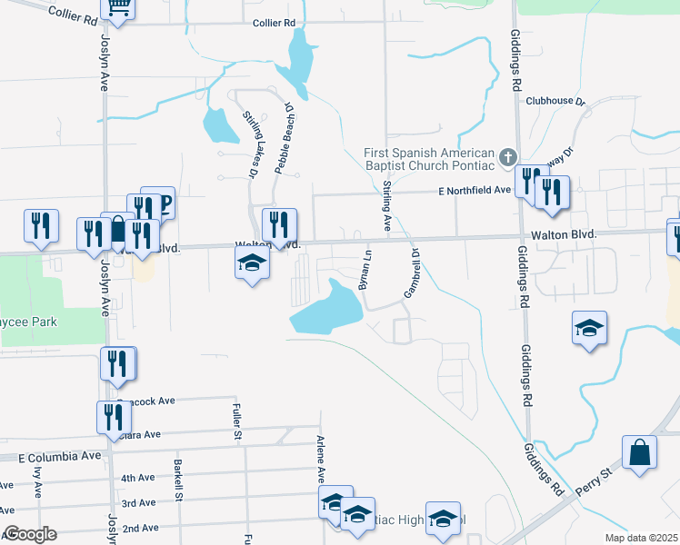map of restaurants, bars, coffee shops, grocery stores, and more near 856 Amanda Lane in Pontiac