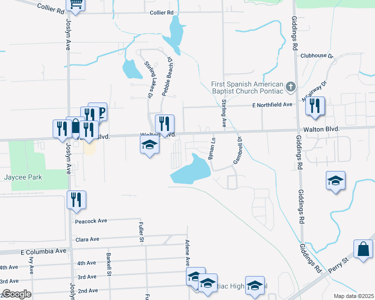 map of restaurants, bars, coffee shops, grocery stores, and more near 1398 Constance Drive in Pontiac
