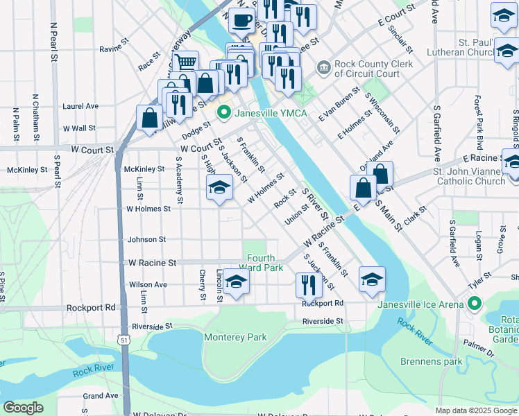 map of restaurants, bars, coffee shops, grocery stores, and more near 265 South High Street in Janesville