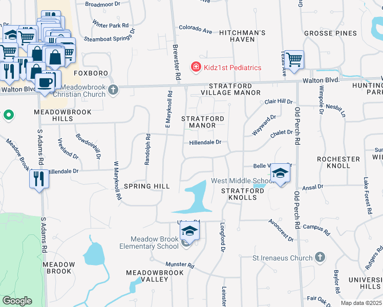 map of restaurants, bars, coffee shops, grocery stores, and more near 2401 Chalet Drive in Rochester Hills