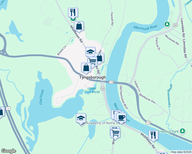 map of restaurants, bars, coffee shops, grocery stores, and more near Winslow Rd in Tyngsborough